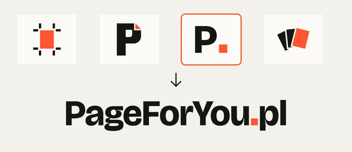 Nasza droga do logo PageForYou: cztery pierwsze propozycje znaku, wybrana trzecia i gotowy logotyp z kwadratem przed „pl”.
